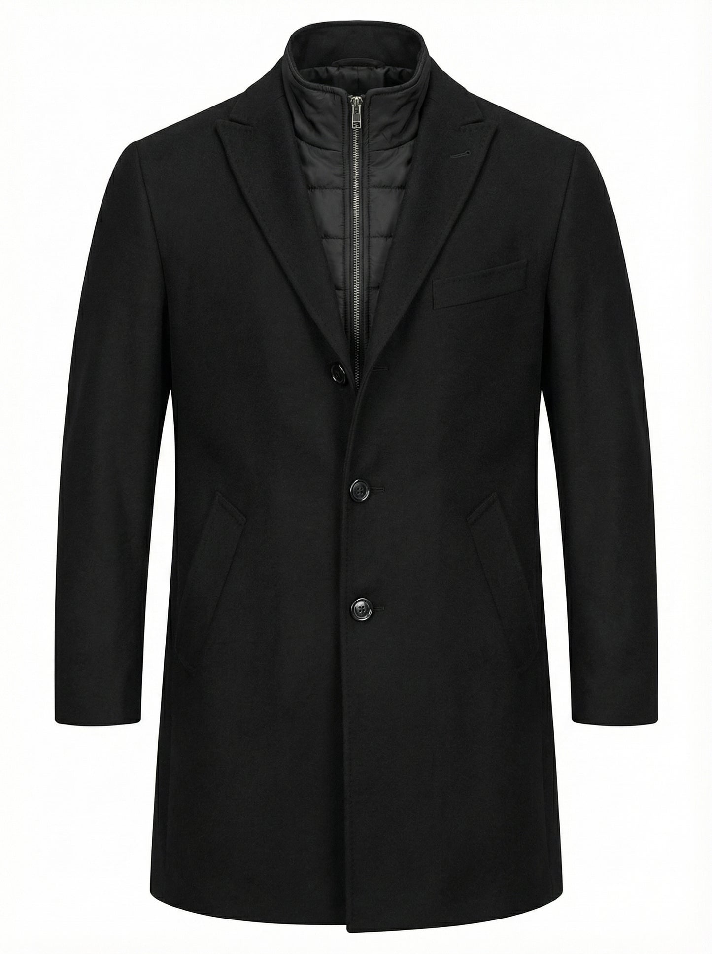 Black Wool Overcoat with Quilted Inner Vest
