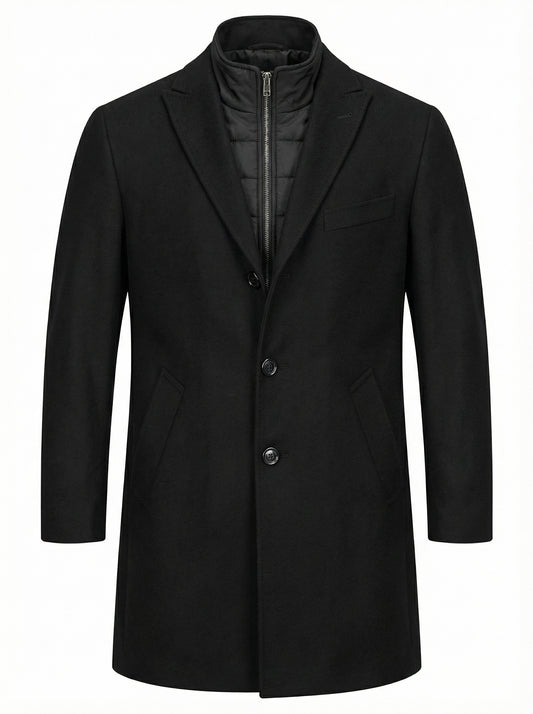 Black Wool Overcoat with Quilted Inner Vest