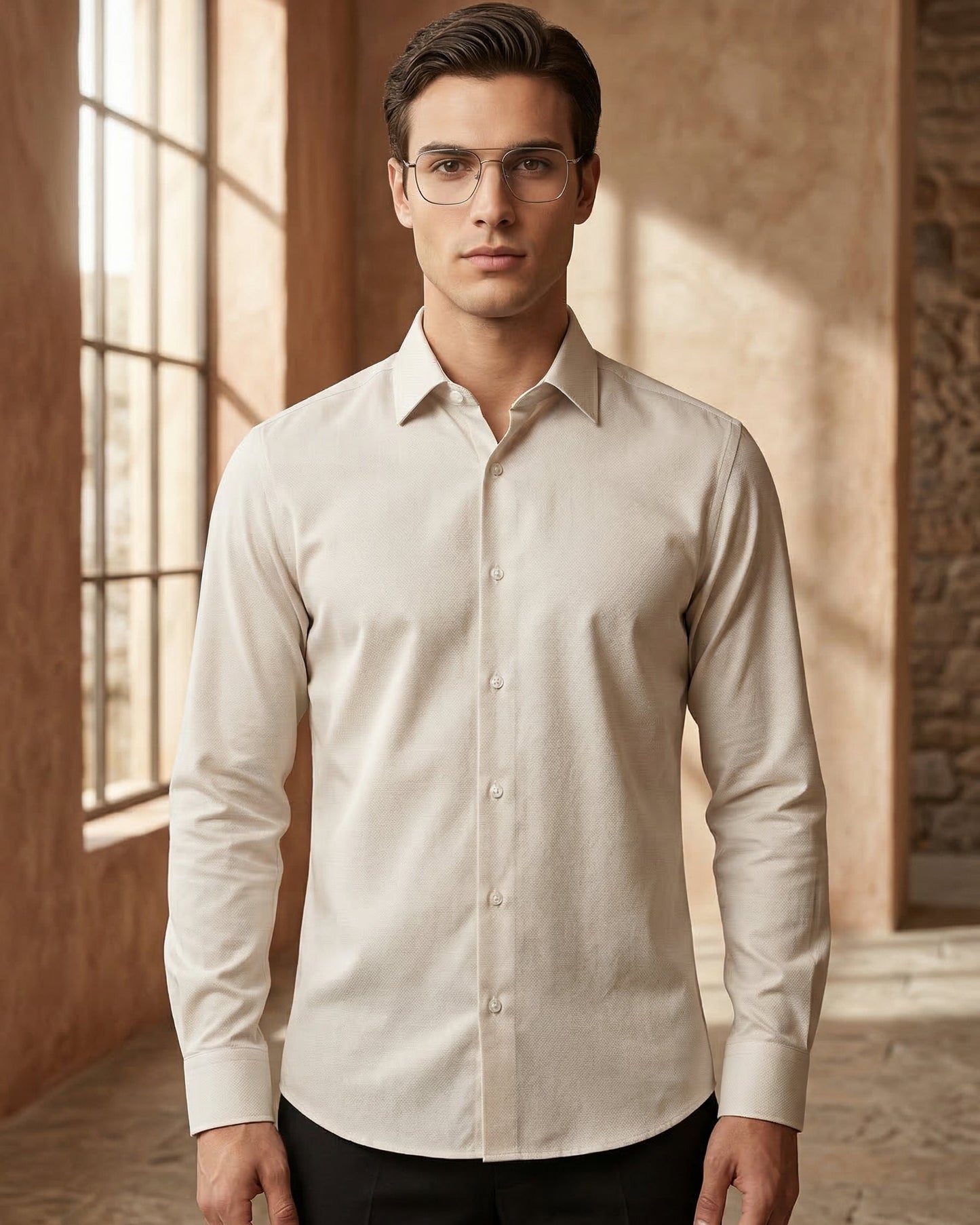 Beige Fil-à-Fil Shirt – Slim Fit Modern Classic