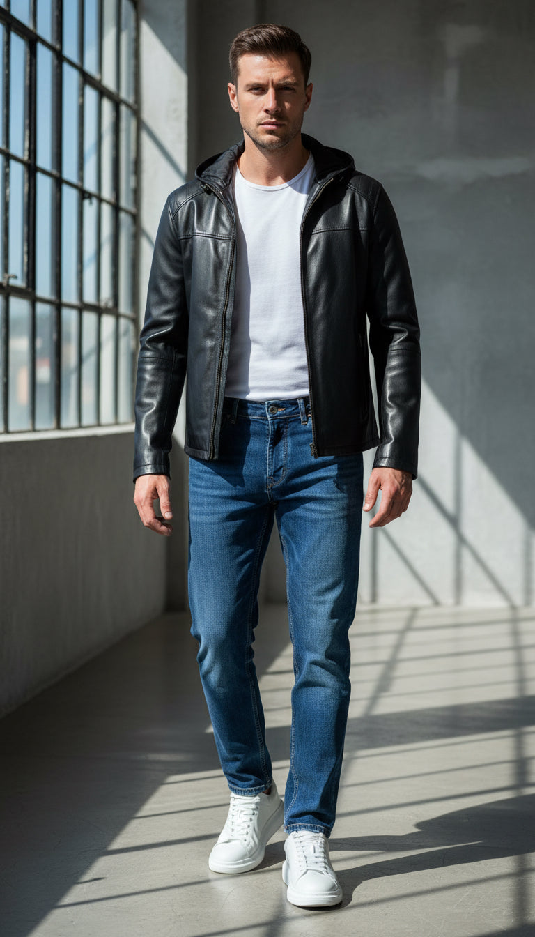 Black Leather Jacket with Detachable Hood & Lining