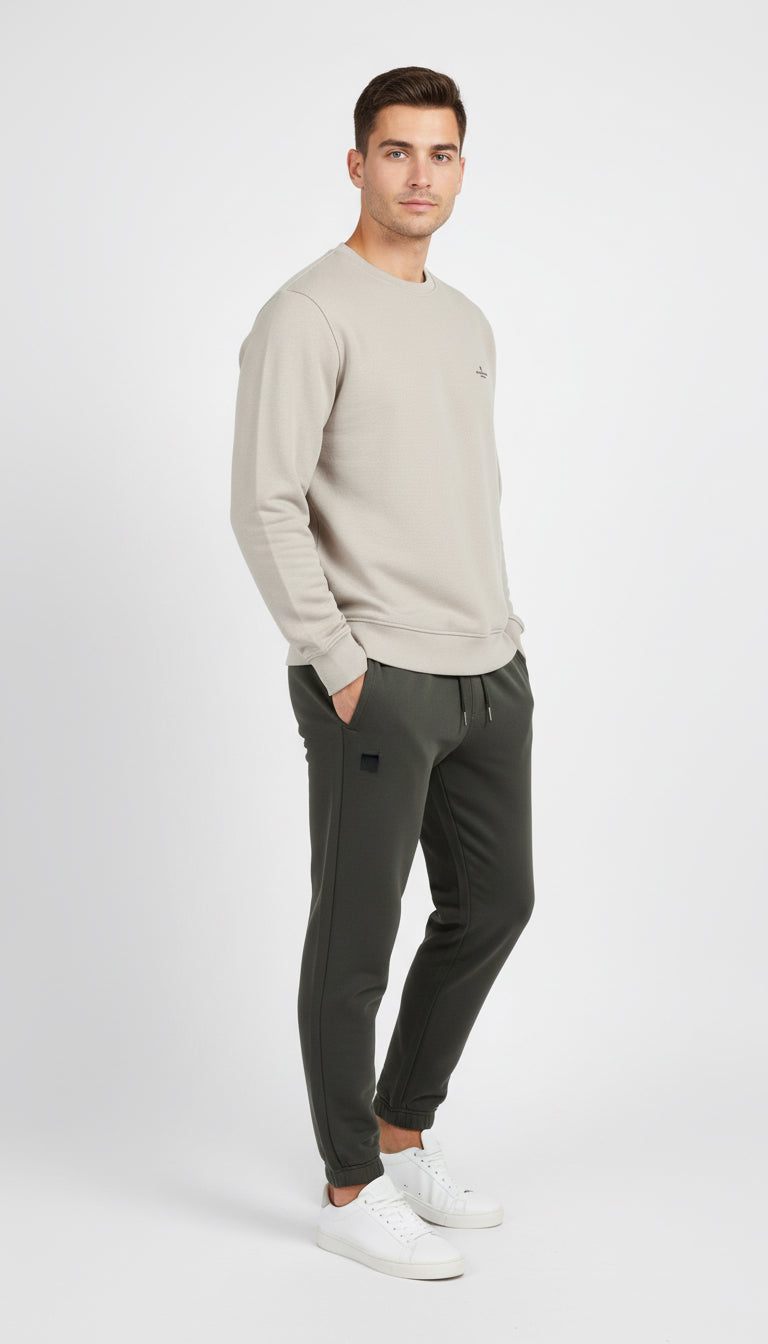 Beige Crewneck Sweatshirt with Minimal Logo