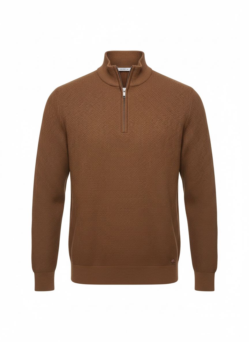 Camel Textured Half-Zip Knit Sweater