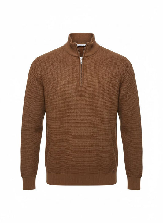 Camel Textured Half-Zip Knit Sweater