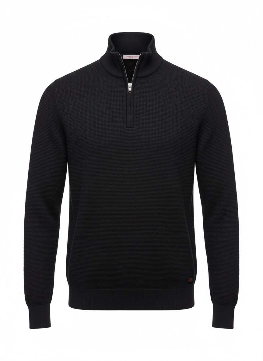 Black Textured Half-Zip Knit Sweater