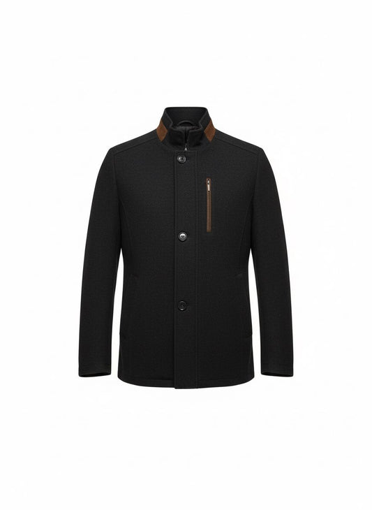 Black Wool-Blend Coat with Suede Detail