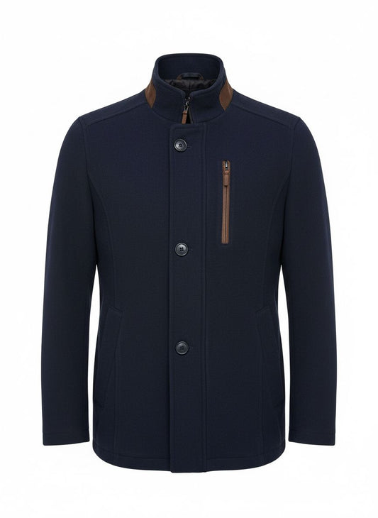 Navy Wool-Blend Coat with Suede Detail