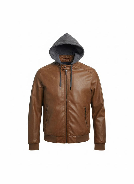 Brown Leather Jacket with Removable Hood