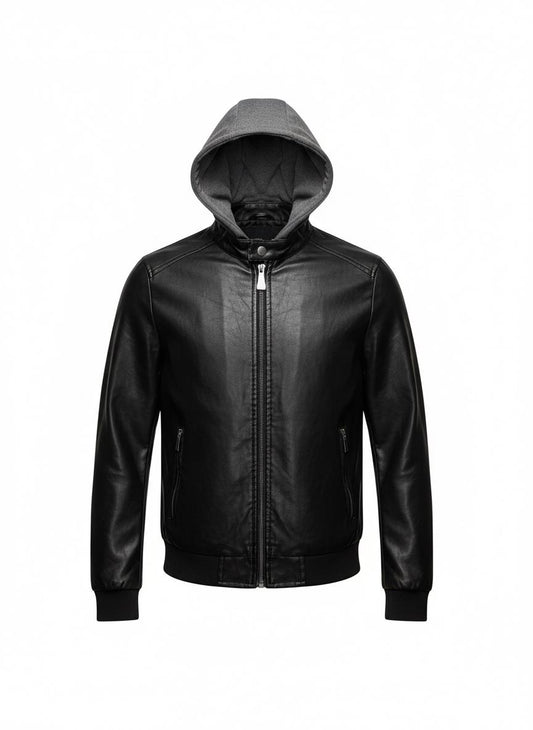 Black Leather Jacket with Removable Hood