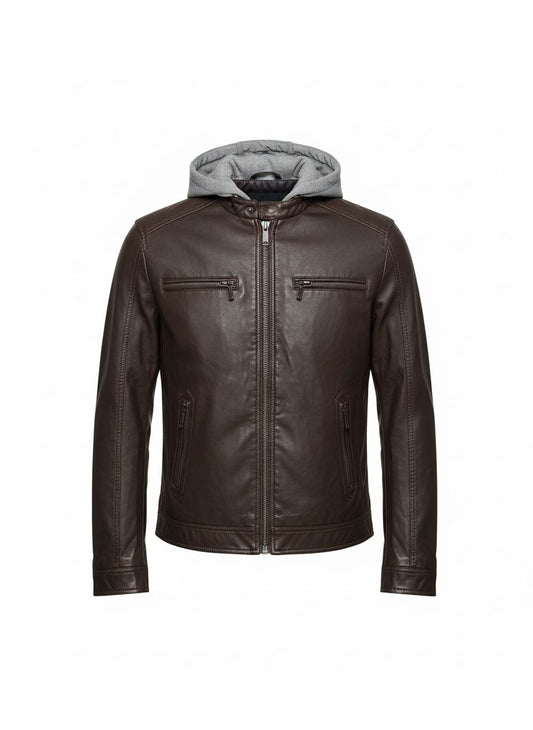 Dark Brown Leather Jacket with Removable Hood