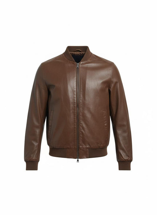 Brown Leather Bomber Jacket