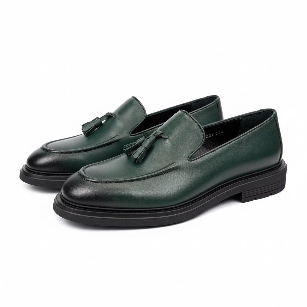 Green Leather Tassel Loafers