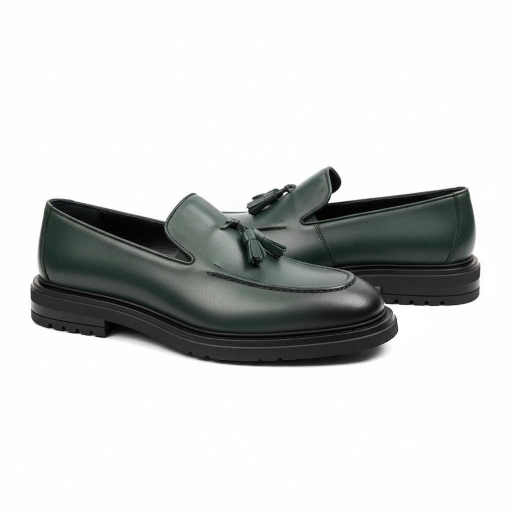 Green Leather Tassel Loafers