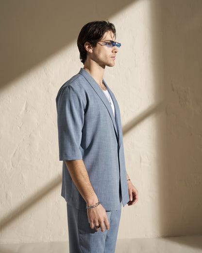 One-Button Short Sleeve Kimono Jacket – Blue