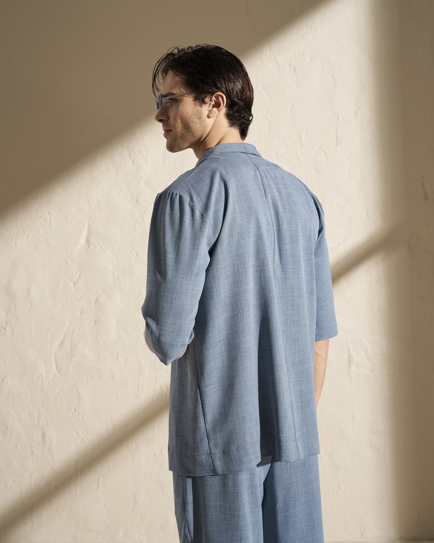 One-Button Short Sleeve Kimono Jacket – Blue