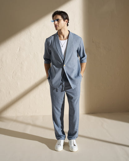 One-Button Short Sleeve Kimono Jacket – Blue