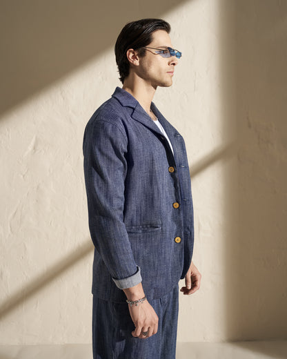 Denim-Style Cotton Linen Blazer