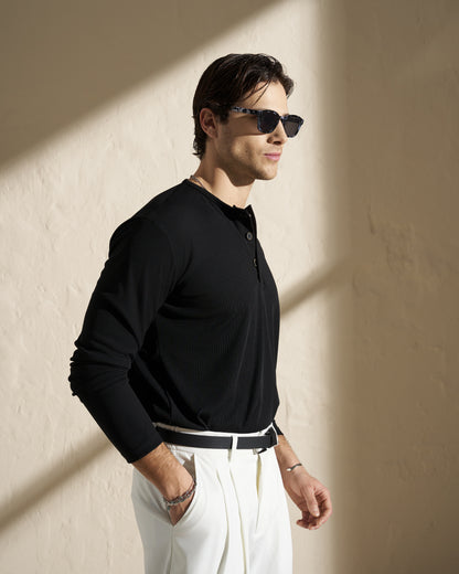 Long Sleeve Henley T-Shirt – Black