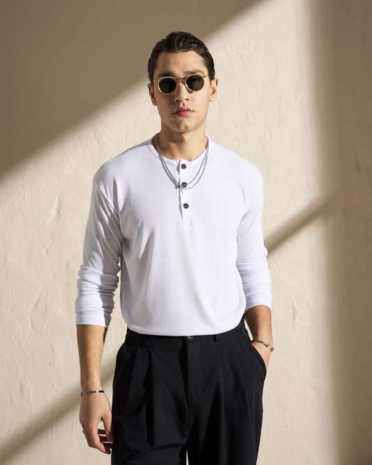 Long Sleeve Henley T-Shirt – White