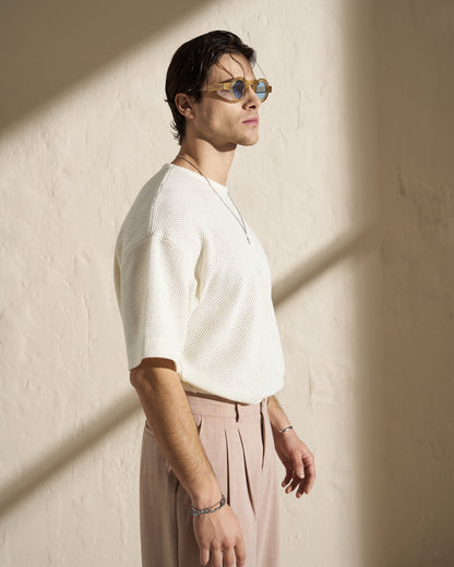 KNITTED SHORT-SLEEVE TOP – OFF WHITE