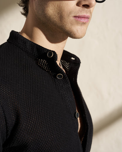 Knitted Mao Short Sleeve Shirt – Black