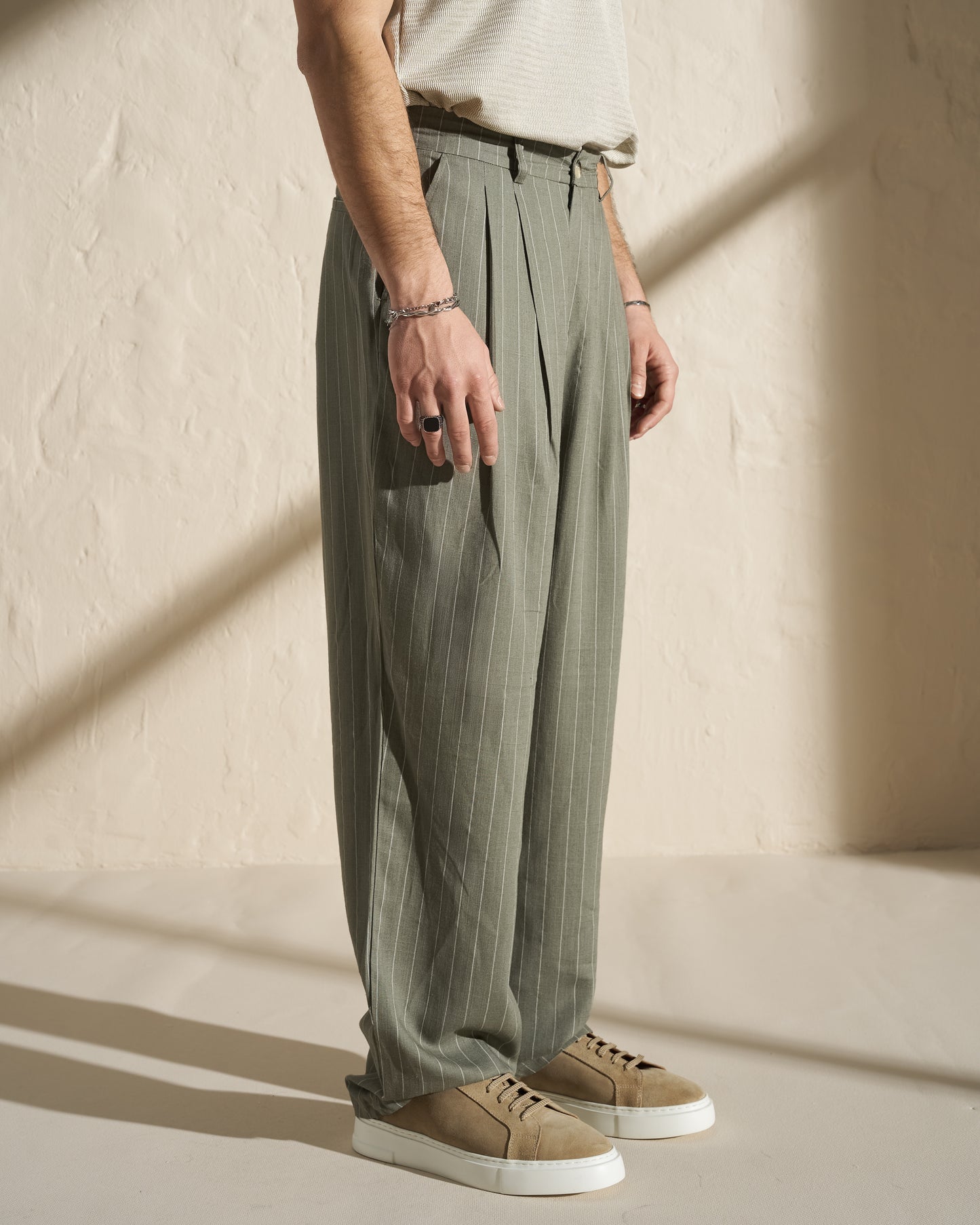 Pinstripe Pleated Trousers
