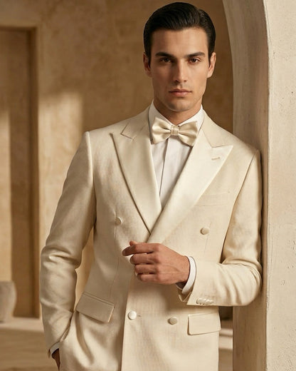 Beige Double-Breasted Suit with Bow Tie – Elegant Formal Look