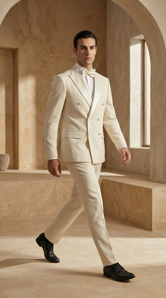 Beige Double-Breasted Suit with Bow Tie – Elegant Formal Look