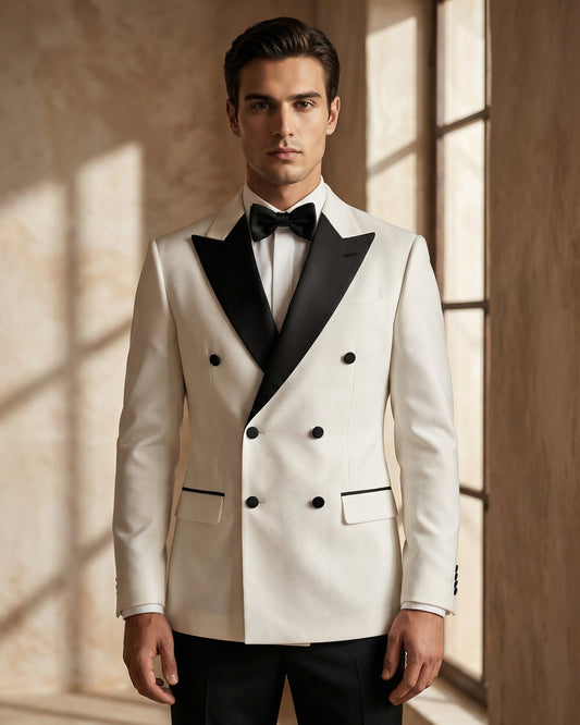 White Double-Breasted Tuxedo with Black Lapels – Luxury Formal Statement