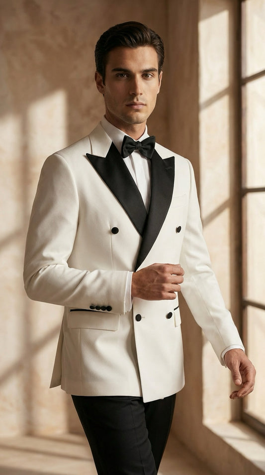 White Double-Breasted Tuxedo with Black Lapels – Luxury Formal Statement