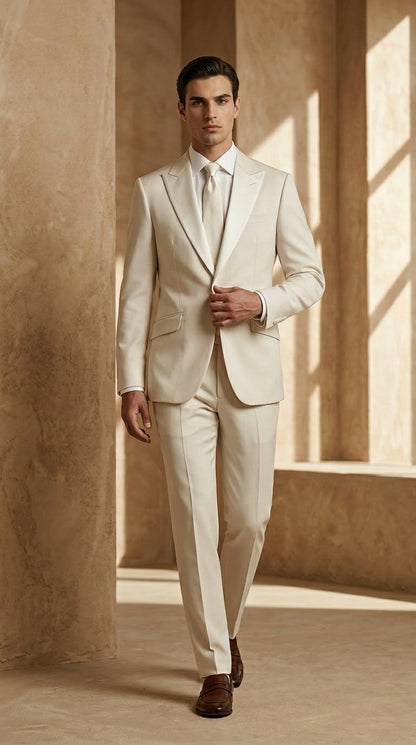Beige Tailored Suit with Tie – Modern Elegant Formalwear