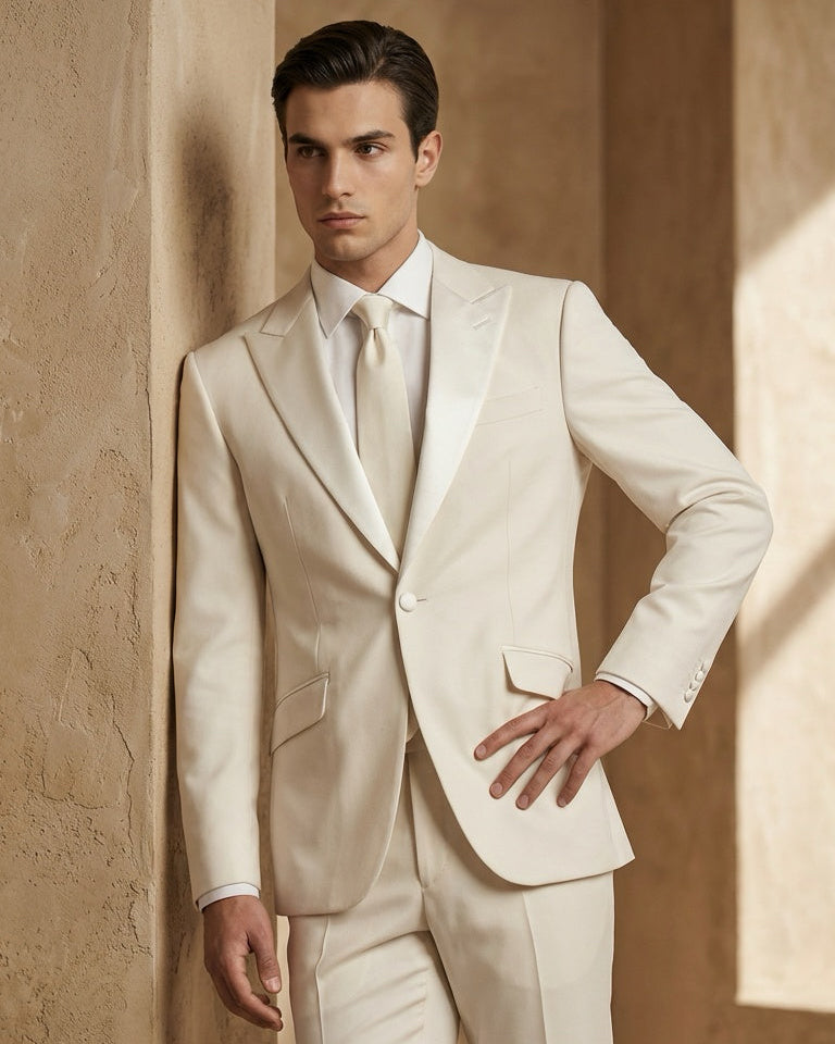 Beige Tailored Suit with Tie – Modern Elegant Formalwear