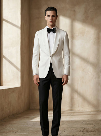 White Shawl Lapel Tuxedo Jacket with Black Trousers – Elegant Black Tie Style