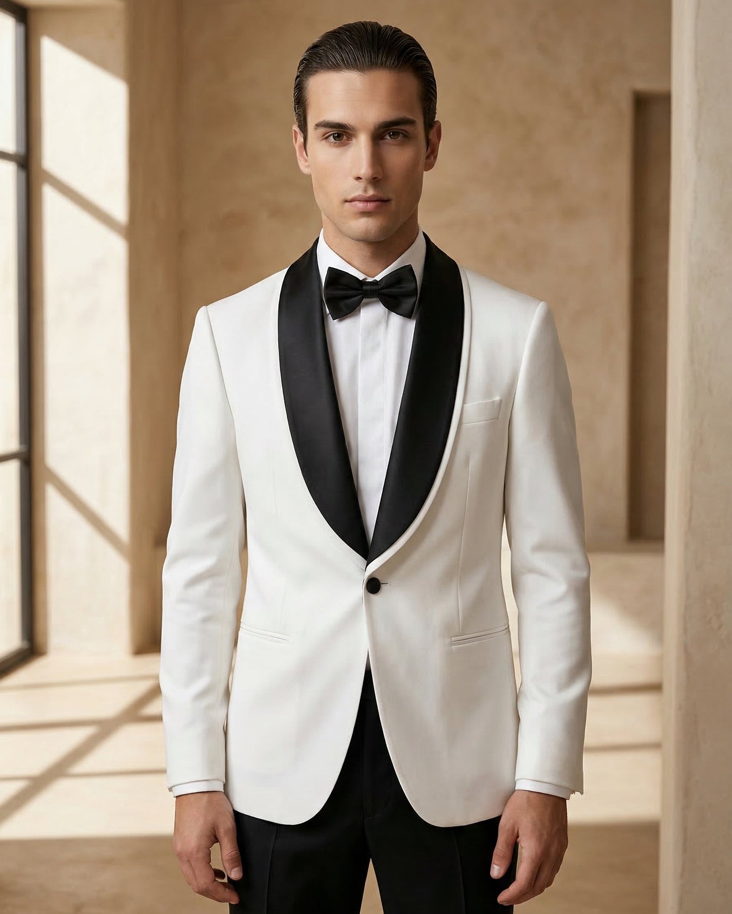 White Tuxedo Jacket with Black Shawl Lapel – Timeless Black Tie Elegance