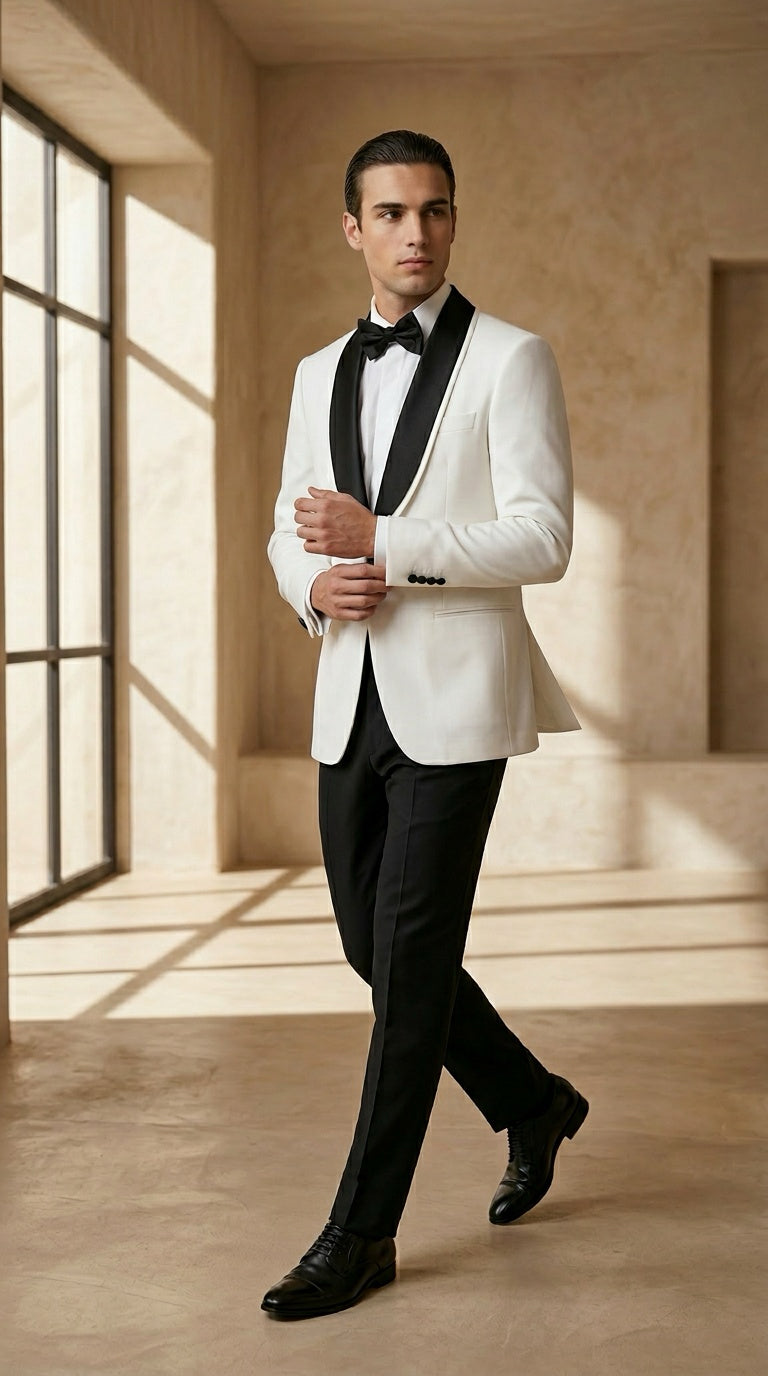 White Tuxedo Jacket with Black Shawl Lapel – Timeless Black Tie Elegance