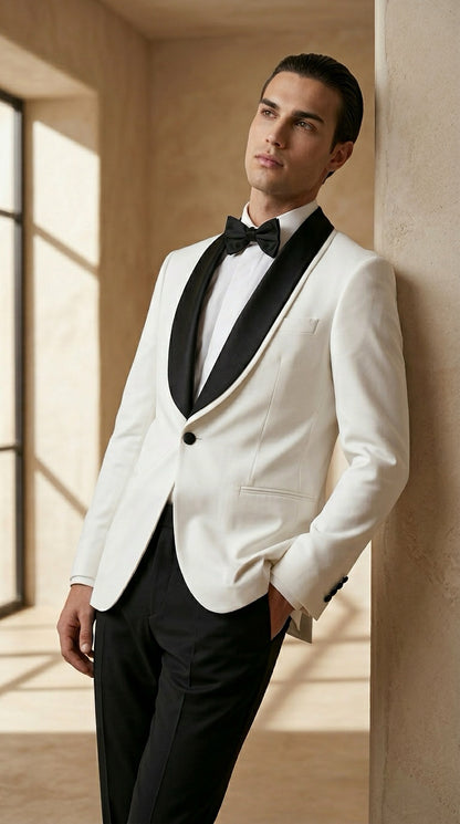 White Tuxedo Jacket with Black Shawl Lapel – Timeless Black Tie Elegance