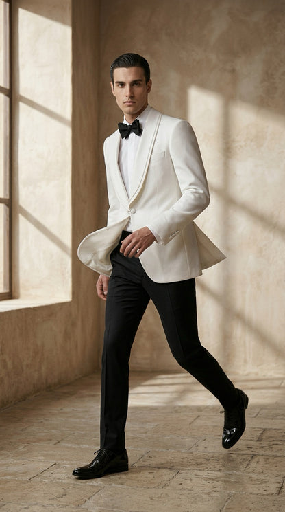 White Shawl Lapel Tuxedo Jacket with Black Trousers – Elegant Black Tie Style