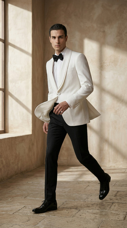 White Shawl Lapel Tuxedo Jacket with Black Trousers – Elegant Black Tie Style