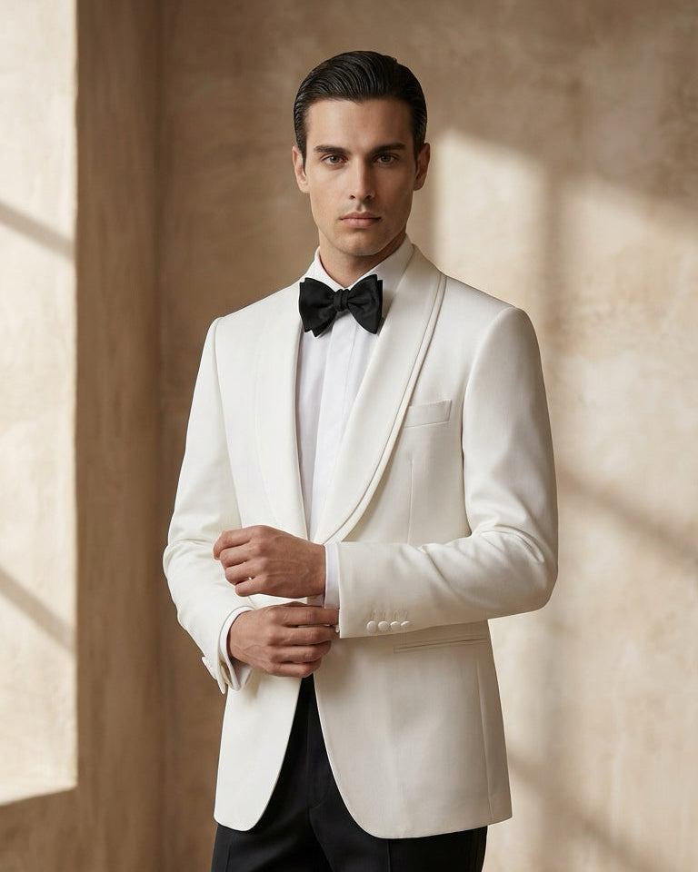 White Shawl Lapel Tuxedo Jacket with Black Trousers – Elegant Black Tie Style