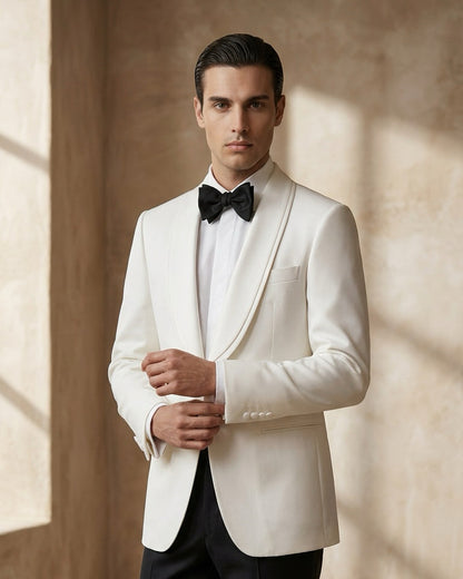 White Shawl Lapel Tuxedo Jacket with Black Trousers – Elegant Black Tie Style