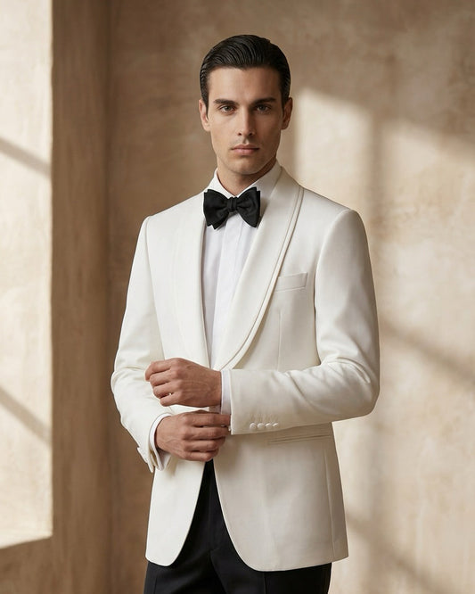 White Shawl Lapel Tuxedo Jacket with Black Trousers – Elegant Black Tie Style