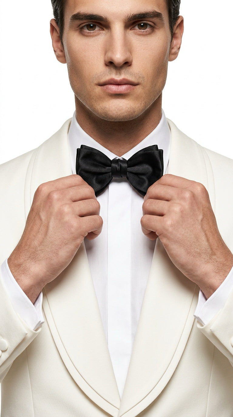 White Shawl Lapel Tuxedo Jacket with Black Trousers – Elegant Black Tie Style