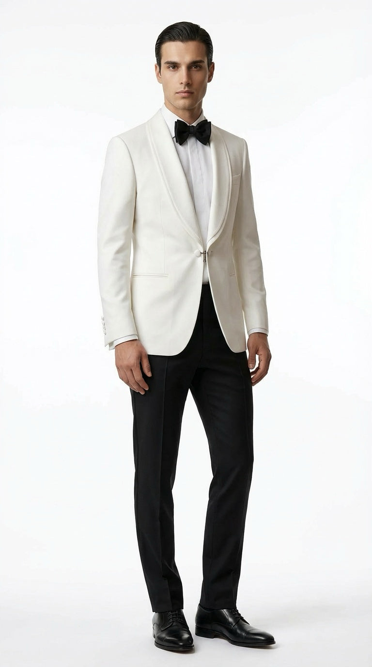 White Shawl Lapel Tuxedo Jacket with Black Trousers – Elegant Black Tie Style