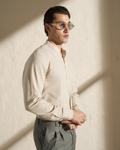 Cotton Linen Band-Collar Shirt