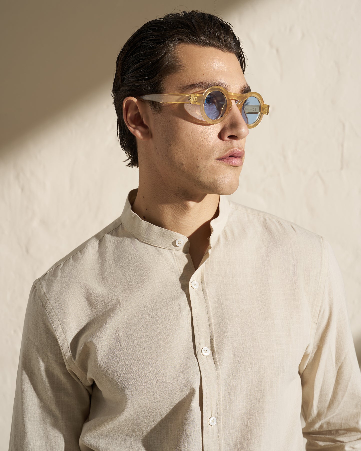 Cotton Linen Band-Collar Shirt