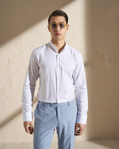 Cotton–Linen Mandarin Collar Shirt