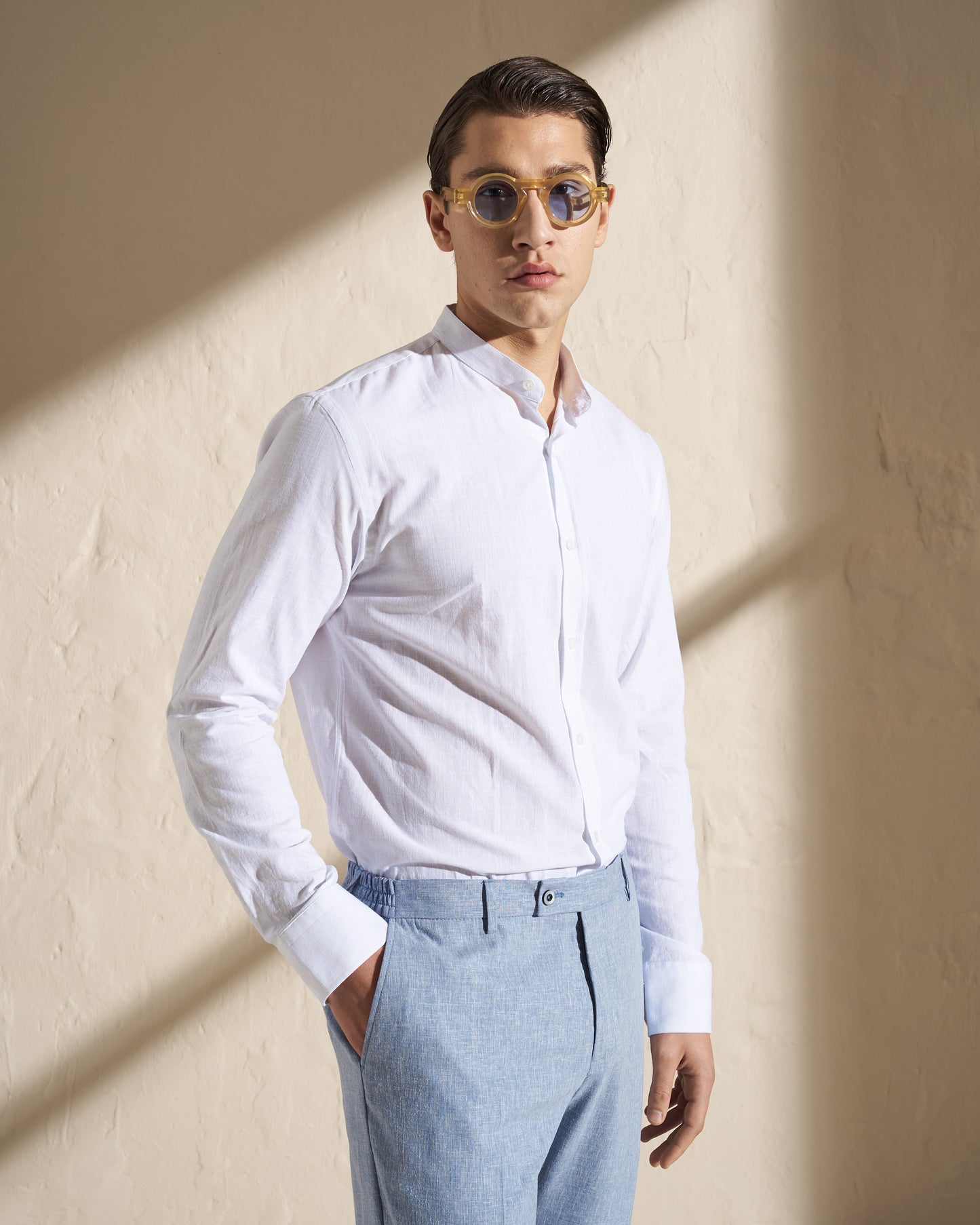 Cotton–Linen Mandarin Collar Shirt