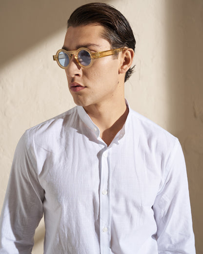 Cotton–Linen Mandarin Collar Shirt