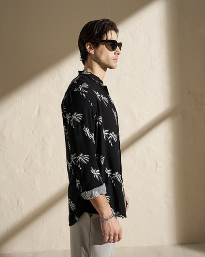 VISCOSE MAO LONG SLEEVE SHIRT – BLACK PALM PRINT