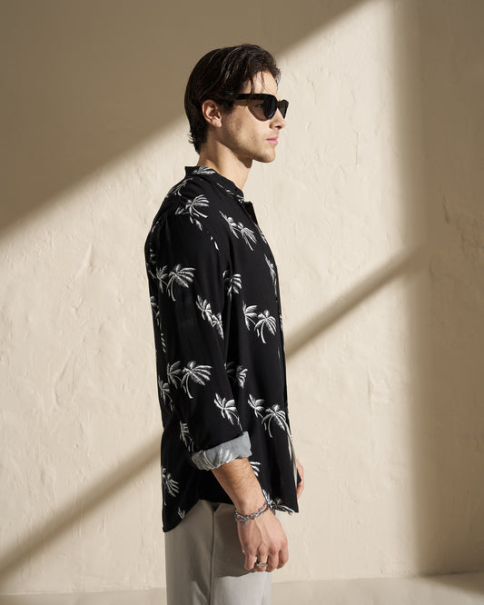 VISCOSE MAO LONG SLEEVE SHIRT – BLACK PALM PRINT