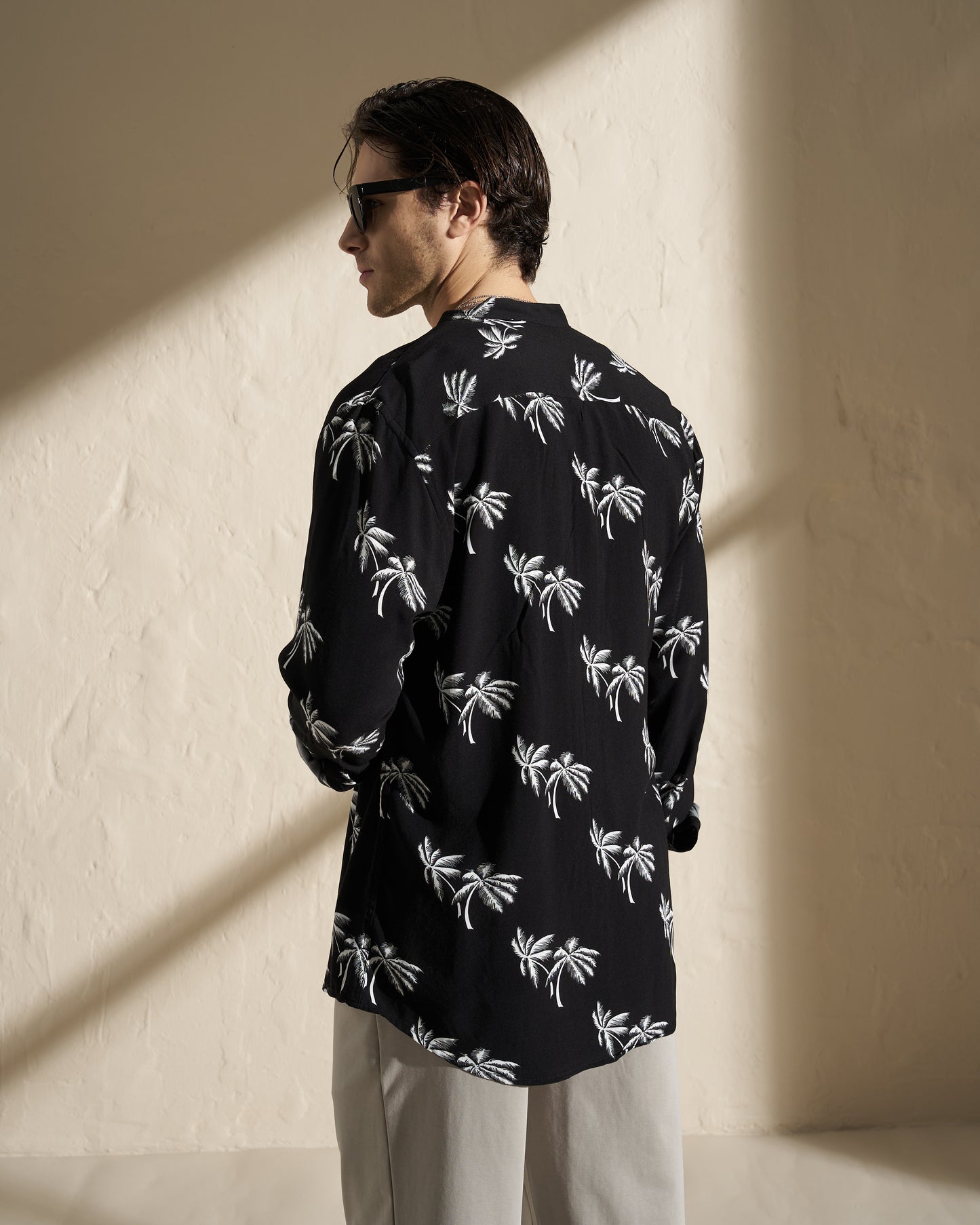VISCOSE MAO LONG SLEEVE SHIRT – BLACK PALM PRINT